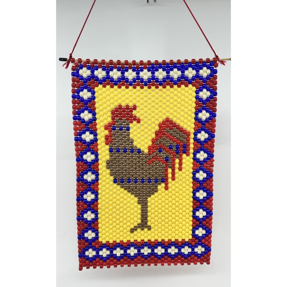 HANDMADE ROOSTER/CHICKEN BEADED WALL HANGING BANNER FARM DECOR 15x10 Double Side